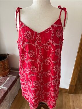 American Eagle Outfitters Red Embroidered Tie-Shoulder Mini Dress